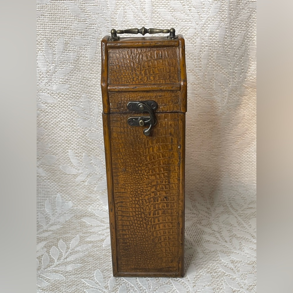 Vintage Wooden And Leather Bound Wine Bottle Box With Hinged Lid 14"
